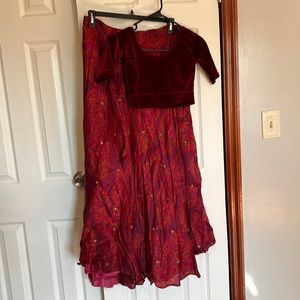 Maroon and Pink Silk Lehenga with Velvet Blouse Crop Top